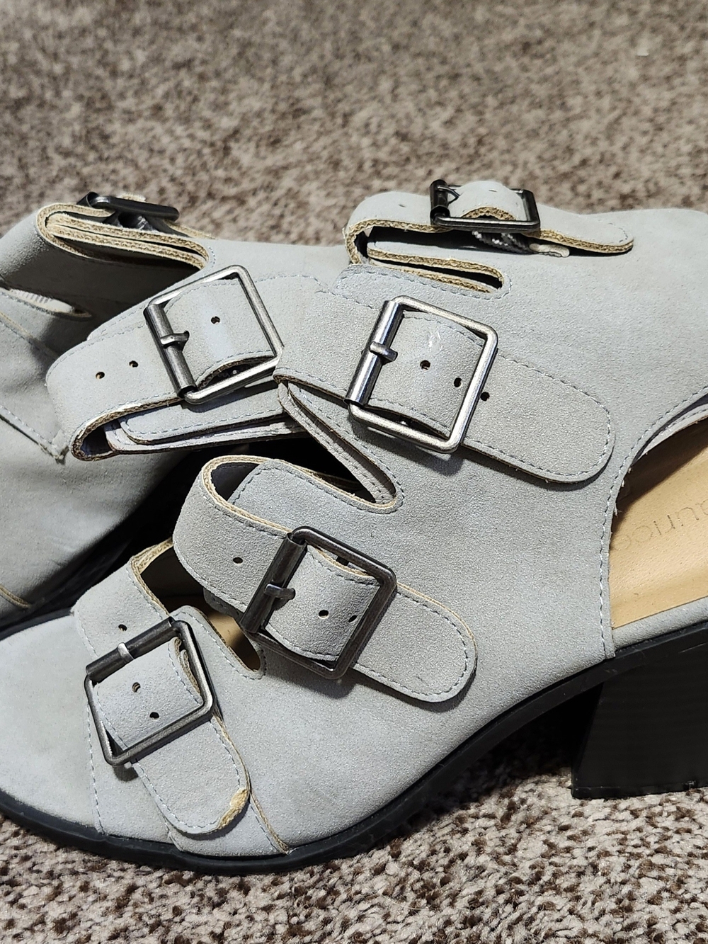 Maurices Light Gray Suede Triple Buckle Block Heel Sandals